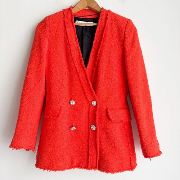 Zara Bright Coral Orange Tweed Blazer XS - Picture 2 of 7